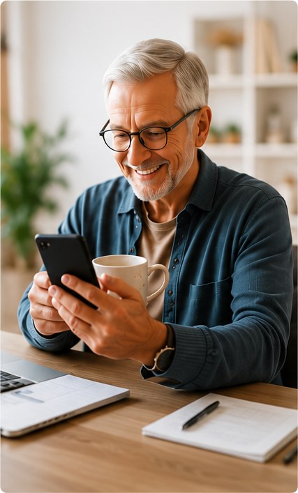 Older man smiling while using HealthLog on his phone